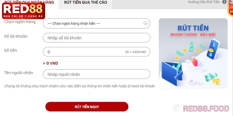 Thêm tiền vào tài khoản RED88 nhanh chóng qua ngân hàng