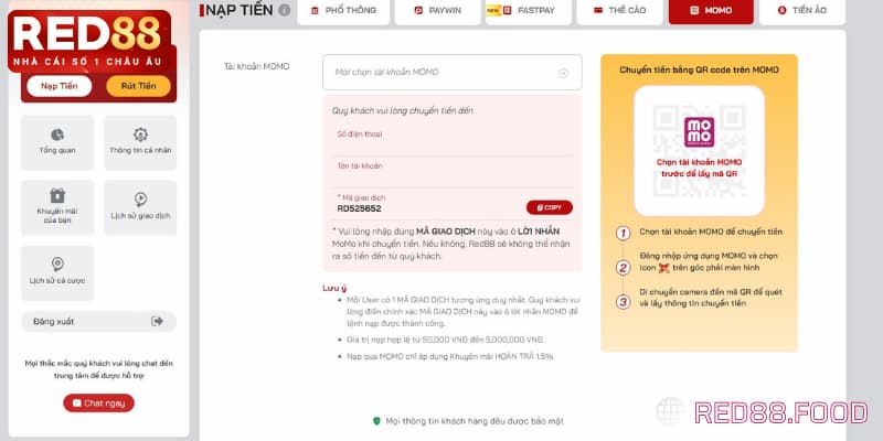 Nạp tiền nhanh chóng qua ví điện tử tại RED88